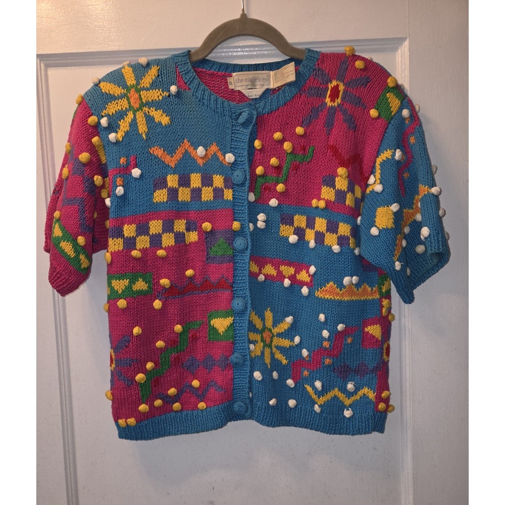 Vintage 80's The Eagle's Eye Multicolor Geo Handknitted Cardigan Sweater. S